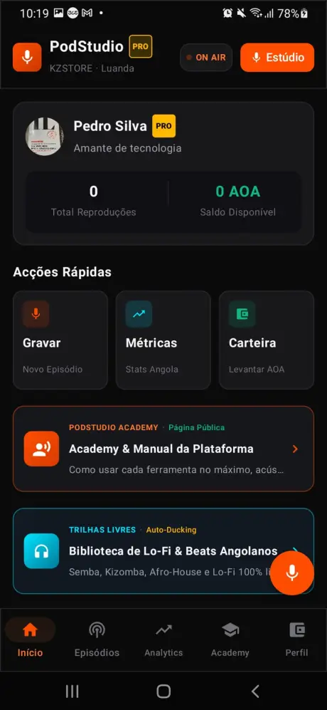 Tela Início do PodStudio