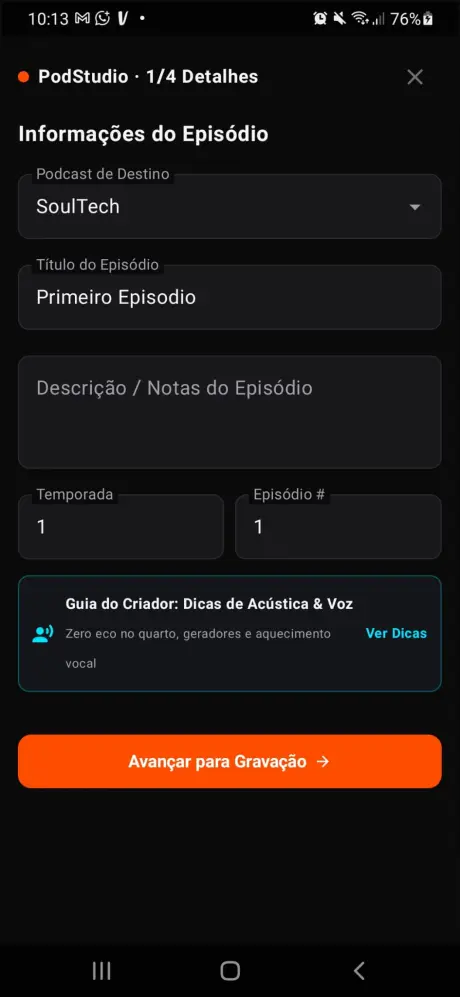 Ecrã Informações do Episódio no PodStudio