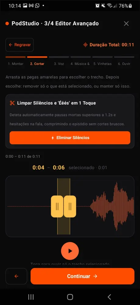 Ecrã de corte de silêncios com forma de onda