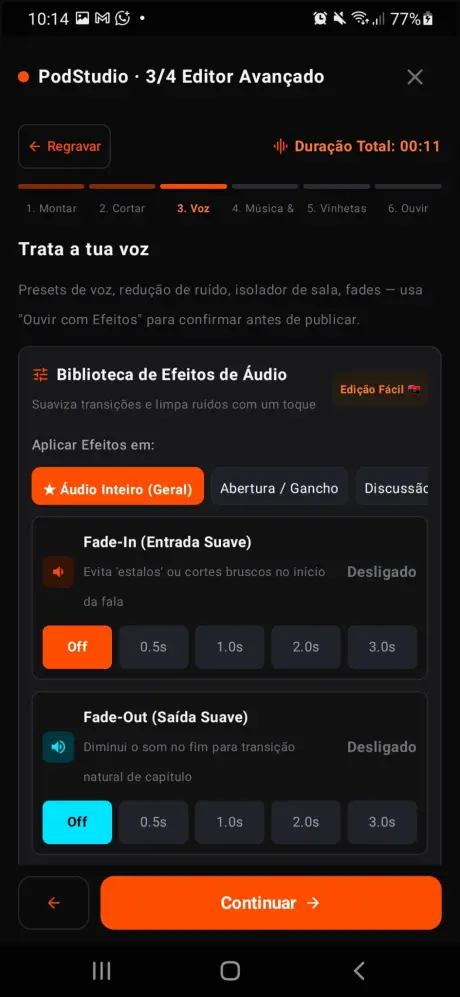 Ecrã Trata a tua Voz com Fade-In e Fade-Out