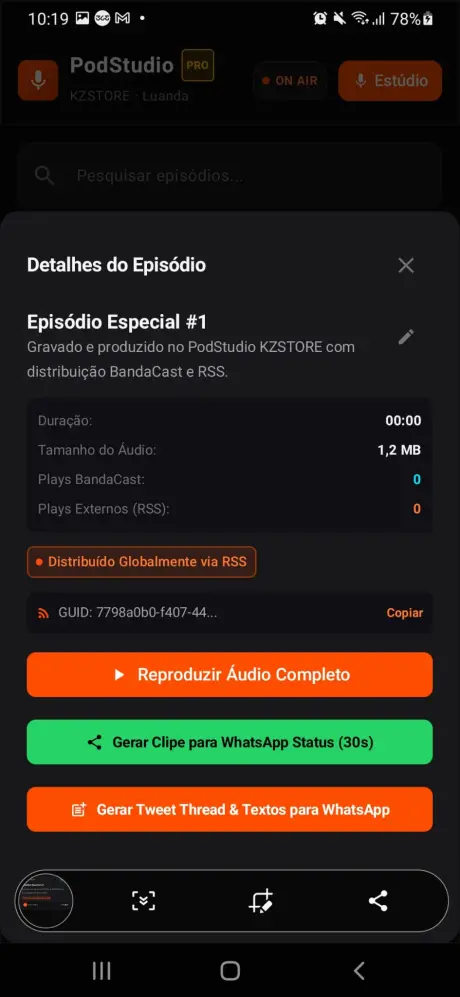 Detalhes do episódio com opções de partilha