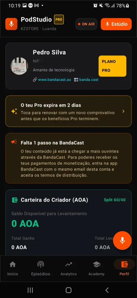 Perfil do criador com aviso de Pro a expirar